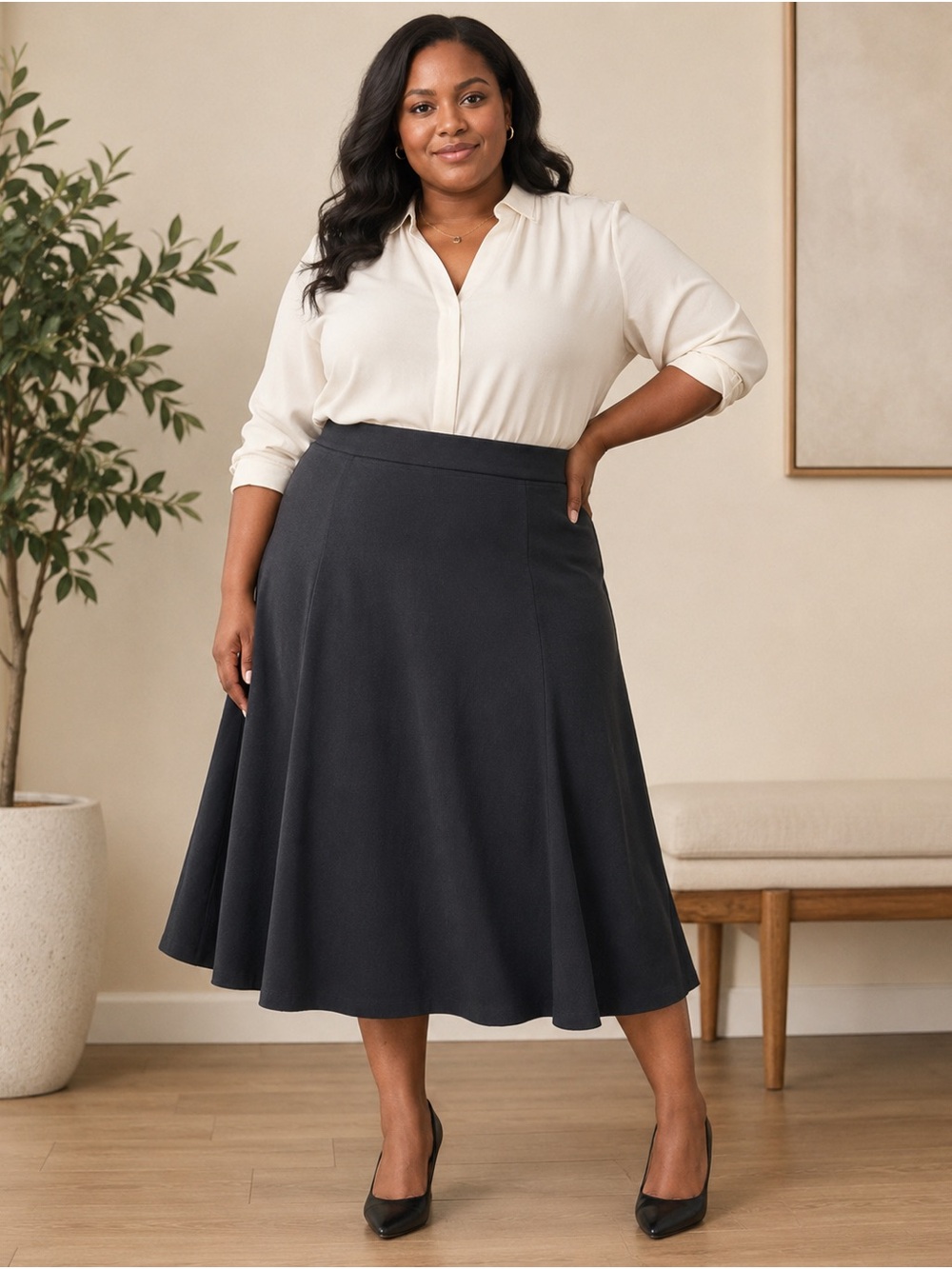 Sift by Avenue Black A-Line Midi Skirt Plus Size 22 Classic Workwear